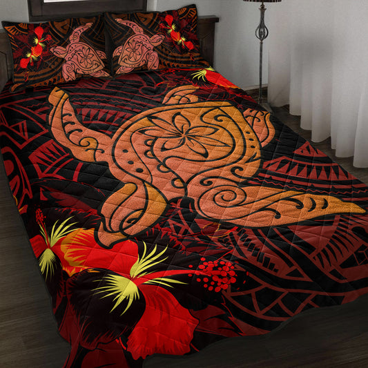 Hawaii Quilt Bed Set Hibiscus Polynesian Red Big Turtle