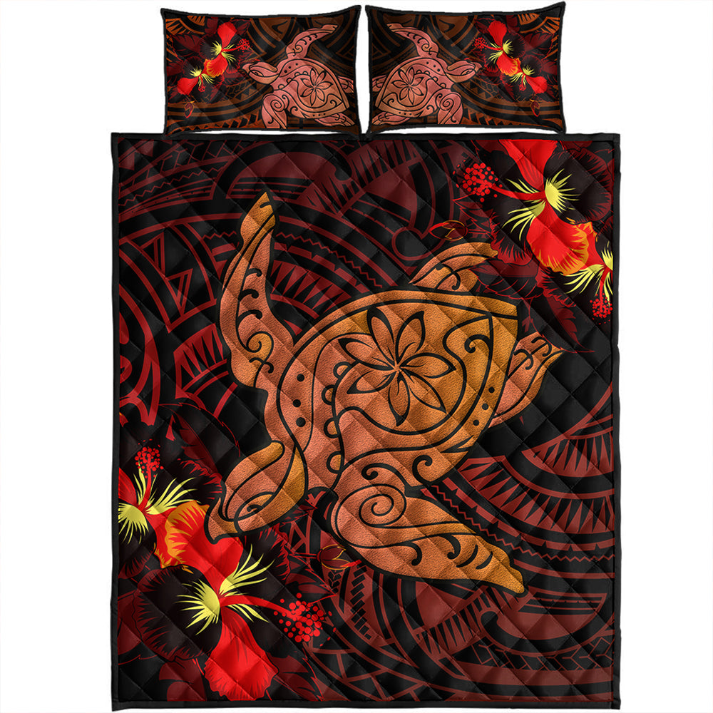 Hawaii Quilt Bed Set Hibiscus Polynesian Red Big Turtle