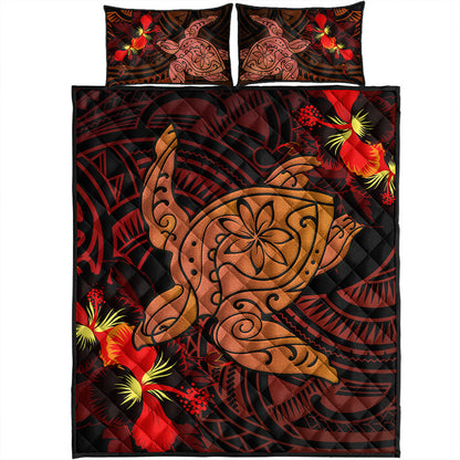 Hawaii Quilt Bed Set Hibiscus Polynesian Red Big Turtle