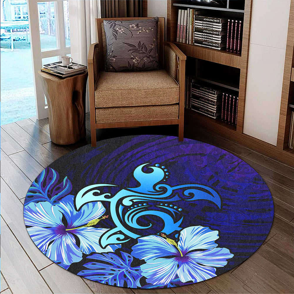 Hawaii Round Rug Hibiscus Tropical Deep Ocean Turtle Sea