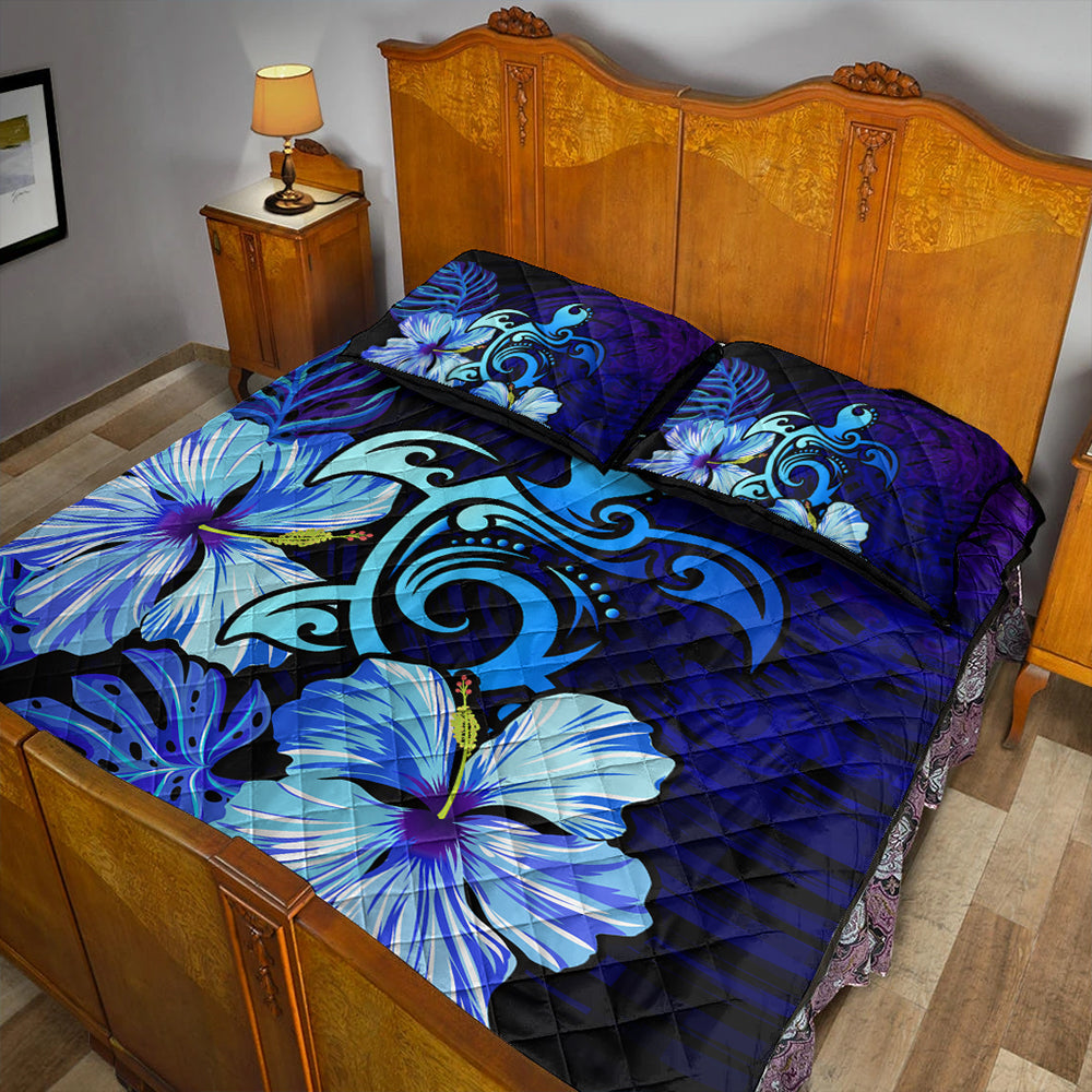 Hawaii Quilt Bed Set Hibiscus Tropical Deep Ocean Turtle Sea