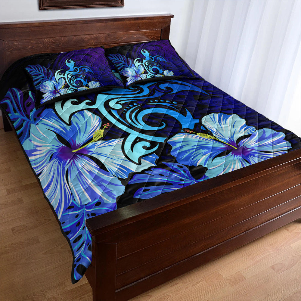 Hawaii Quilt Bed Set Hibiscus Tropical Deep Ocean Turtle Sea