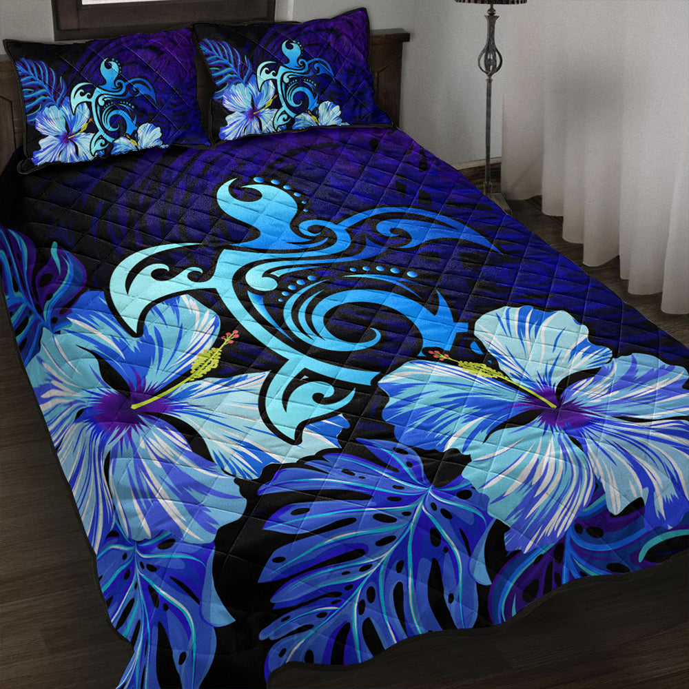 Hawaii Quilt Bed Set Hibiscus Tropical Deep Ocean Turtle Sea