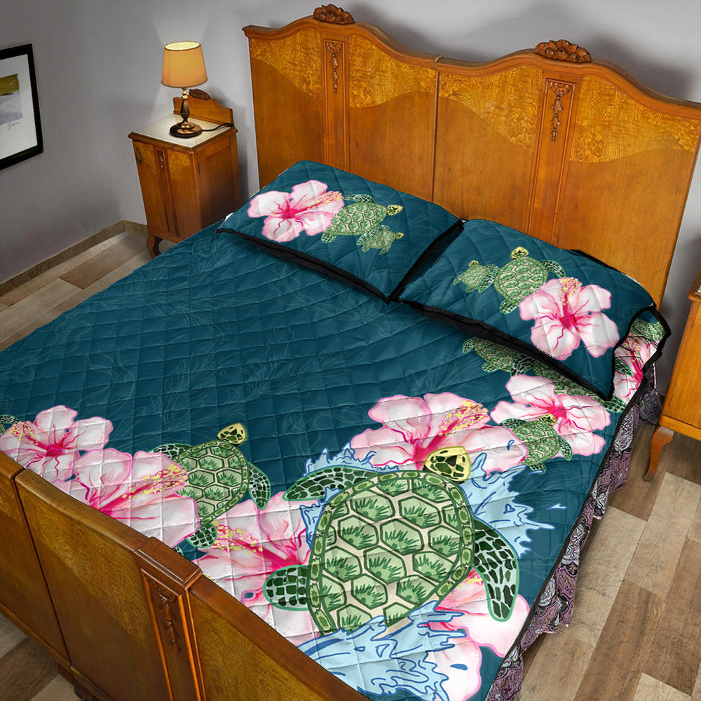 Hawaii Quilt Bed Set Hibiscus Turtle Dance