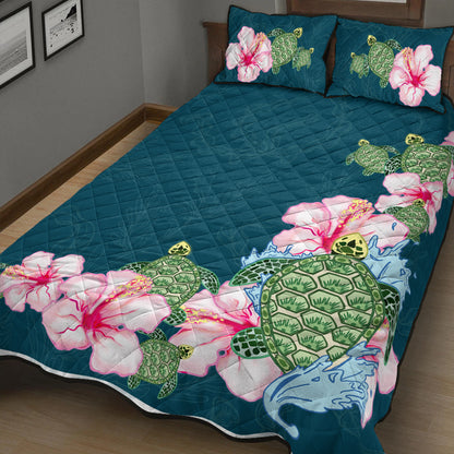 Hawaii Quilt Bed Set Hibiscus Turtle Dance