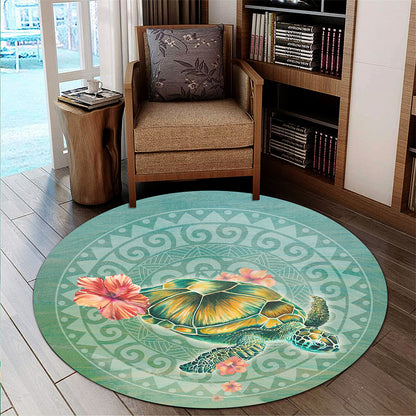 Hawaii Round Rug Hibiscus Turtle Swimming