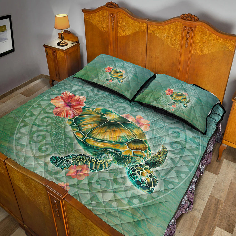 Hawaii Quilt Bed Set Hibiscus Turtle Swimming