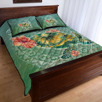 Hawaii Quilt Bed Set Hibiscus Turtle Swimming