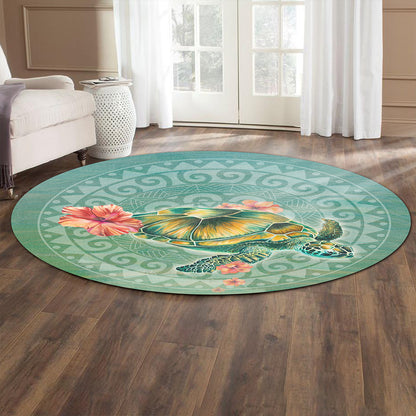 Hawaii Round Rug Hibiscus Turtle Swimming