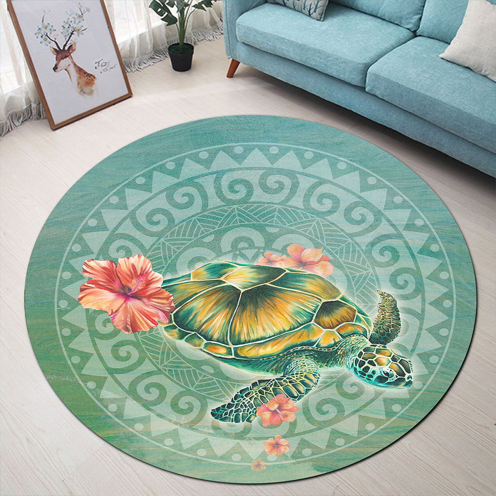 Hawaii Round Rug Hibiscus Turtle Swimming