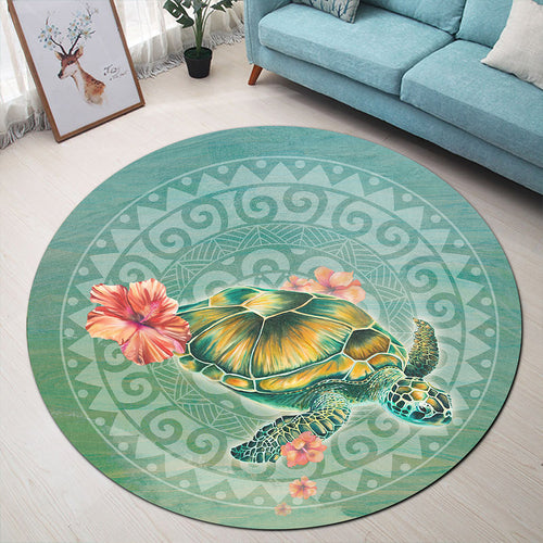 Hawaii Round Rug Hibiscus Turtle Swimming