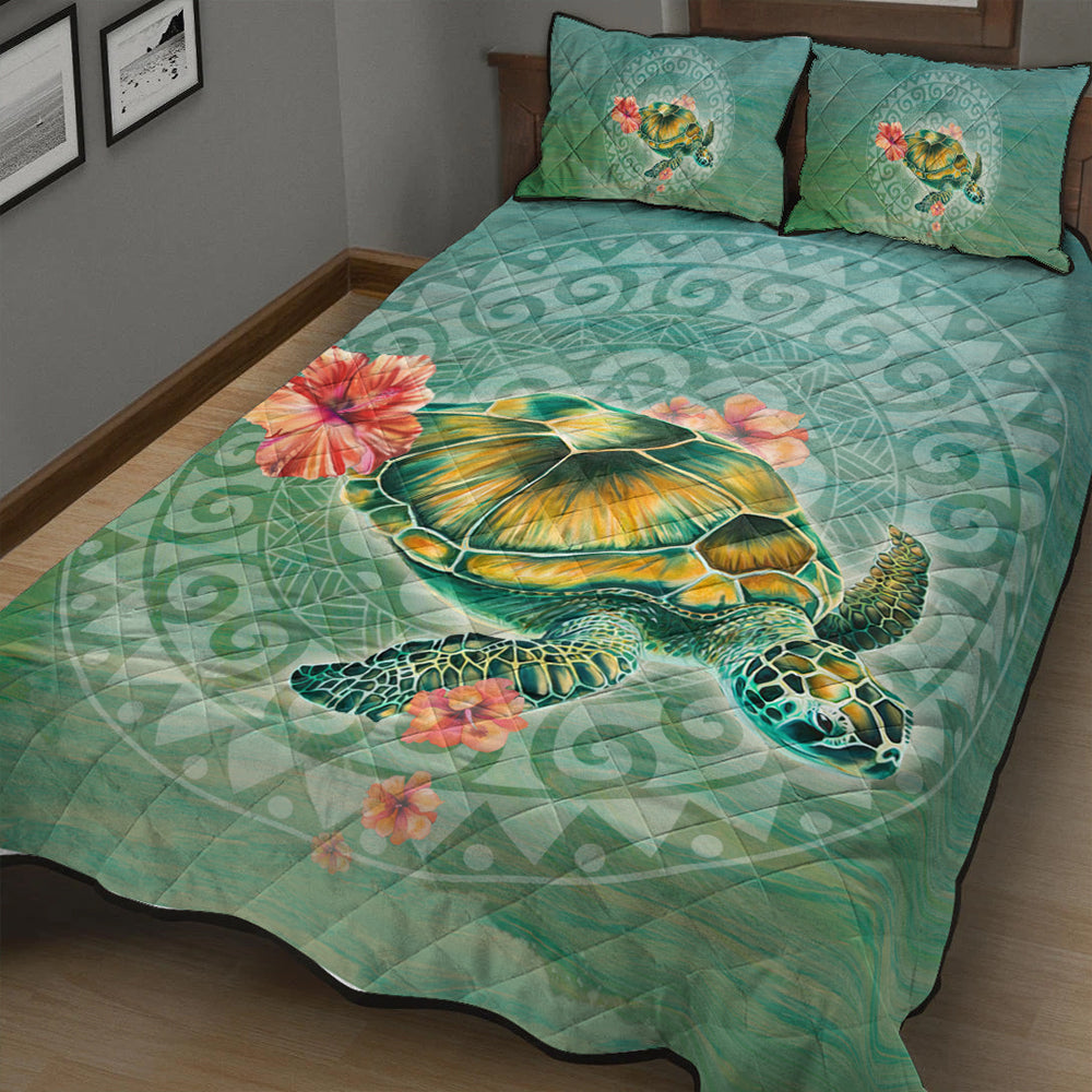 Hawaii Quilt Bed Set Hibiscus Turtle Swimming