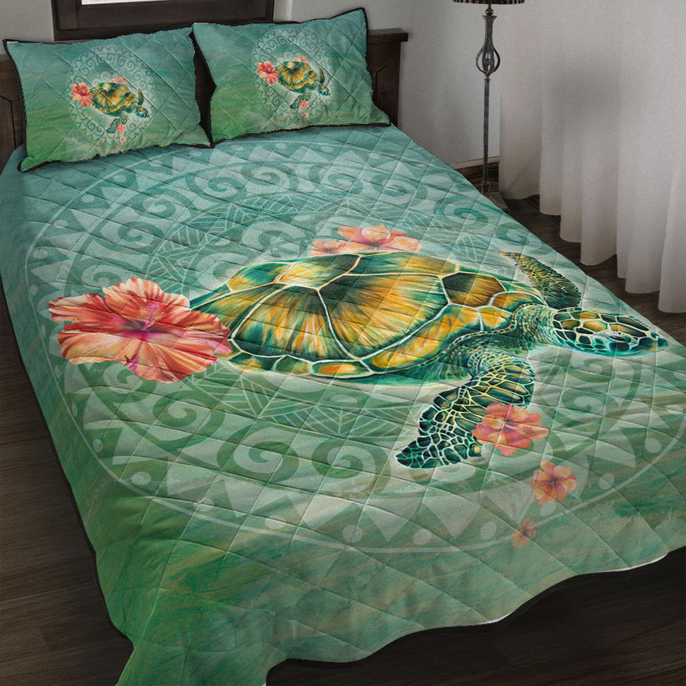 Hawaii Quilt Bed Set Hibiscus Turtle Swimming