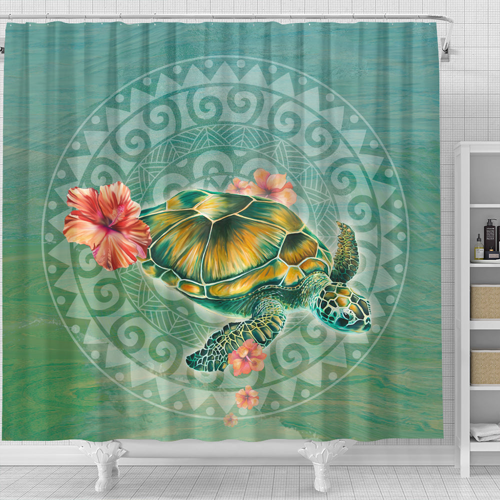 Hawaii Shower Curtain Hibiscus Turtle Swimming