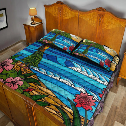 Hawaii Quilt Bed Set Hula Girl Dance Picture
