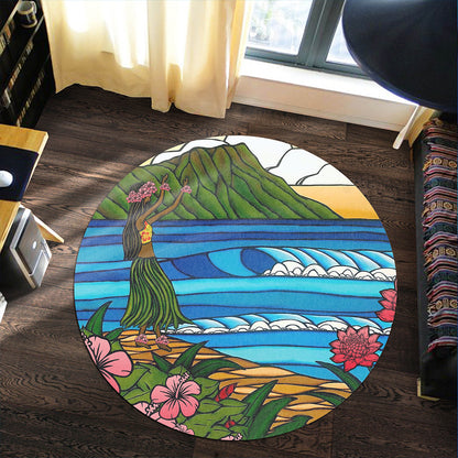 Hawaii Round Rug Hula Girl Dance Picture