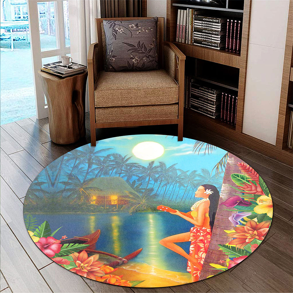 Hawaii Round Rug Hula Girl Sing In Village