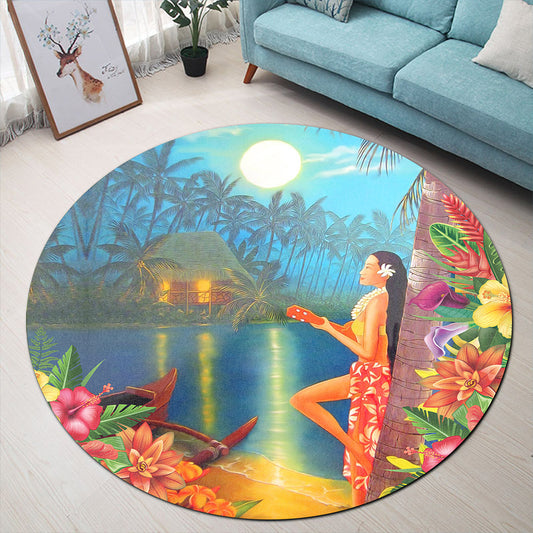 Hawaii Round Rug Hula Girl Sing In Village