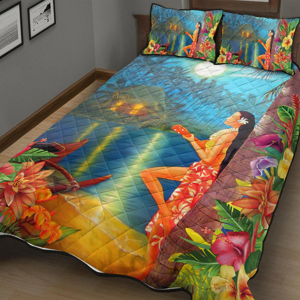 Hawaii Quilt Bed Set Hula Girl Sing In Village