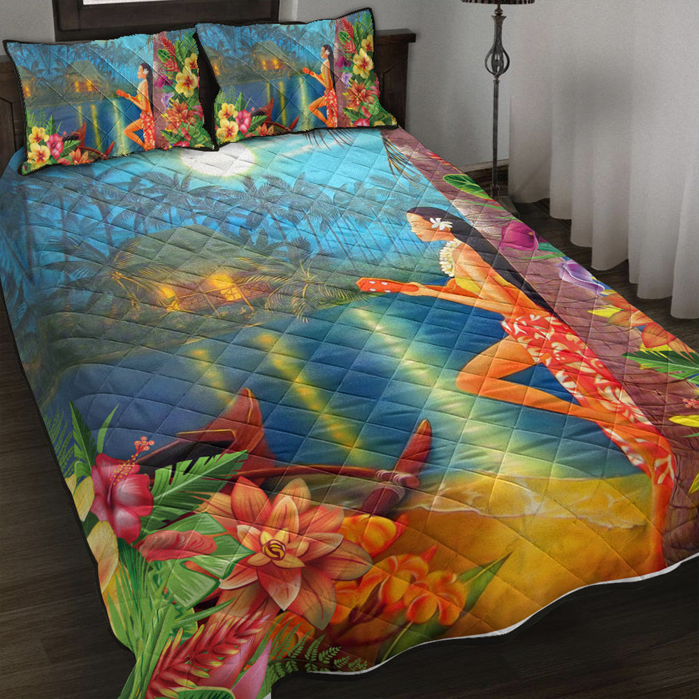 Hawaii Quilt Bed Set Hula Girl Sing In Village