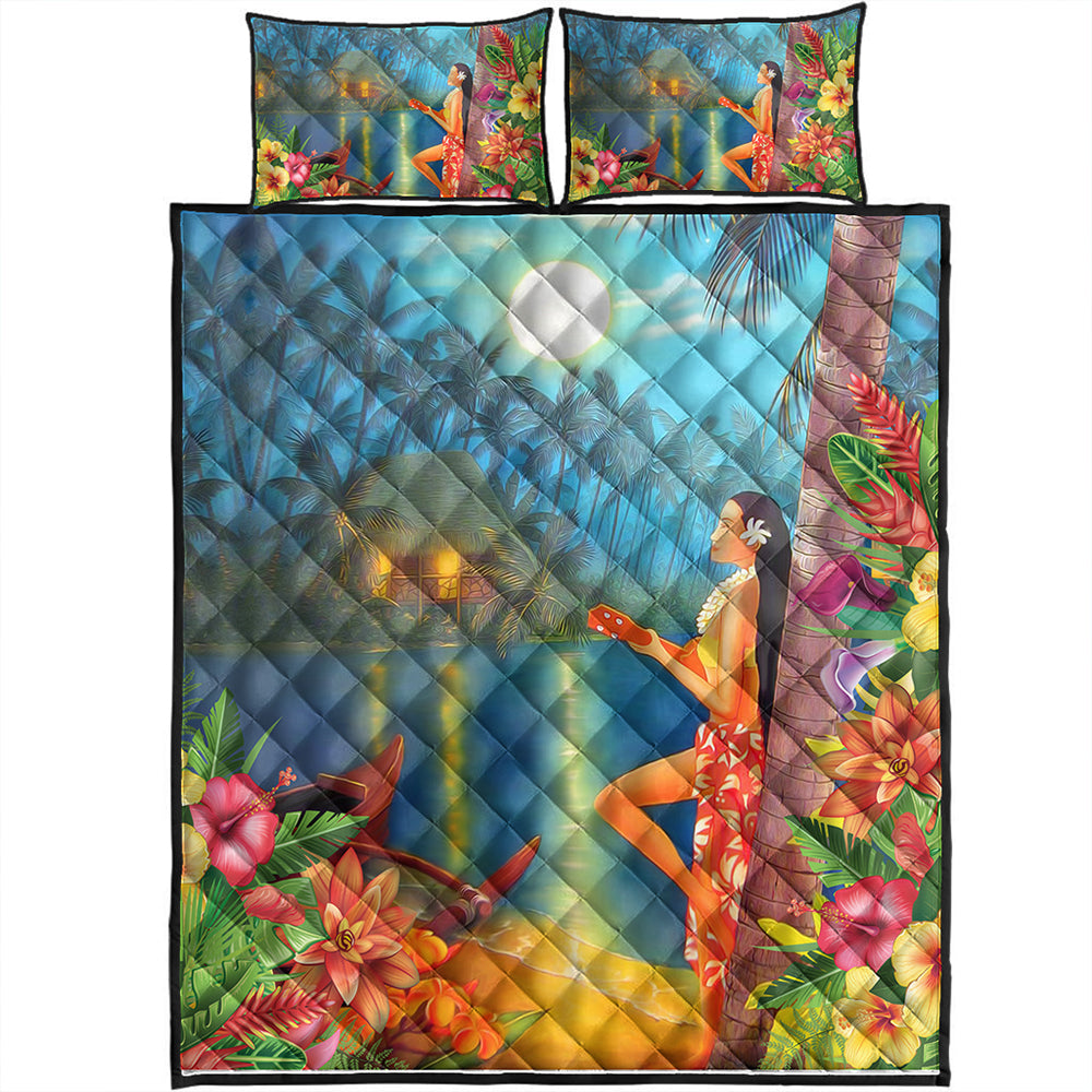 Hawaii Quilt Bed Set Hula Girl Sing In Village