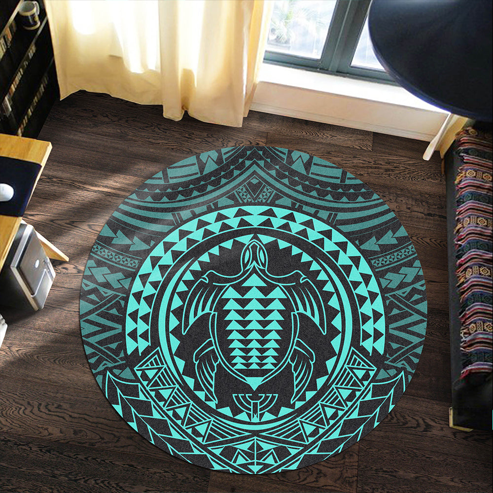 Hawaii Round Rug Kakau Honu Arc Polynesian Turquoise