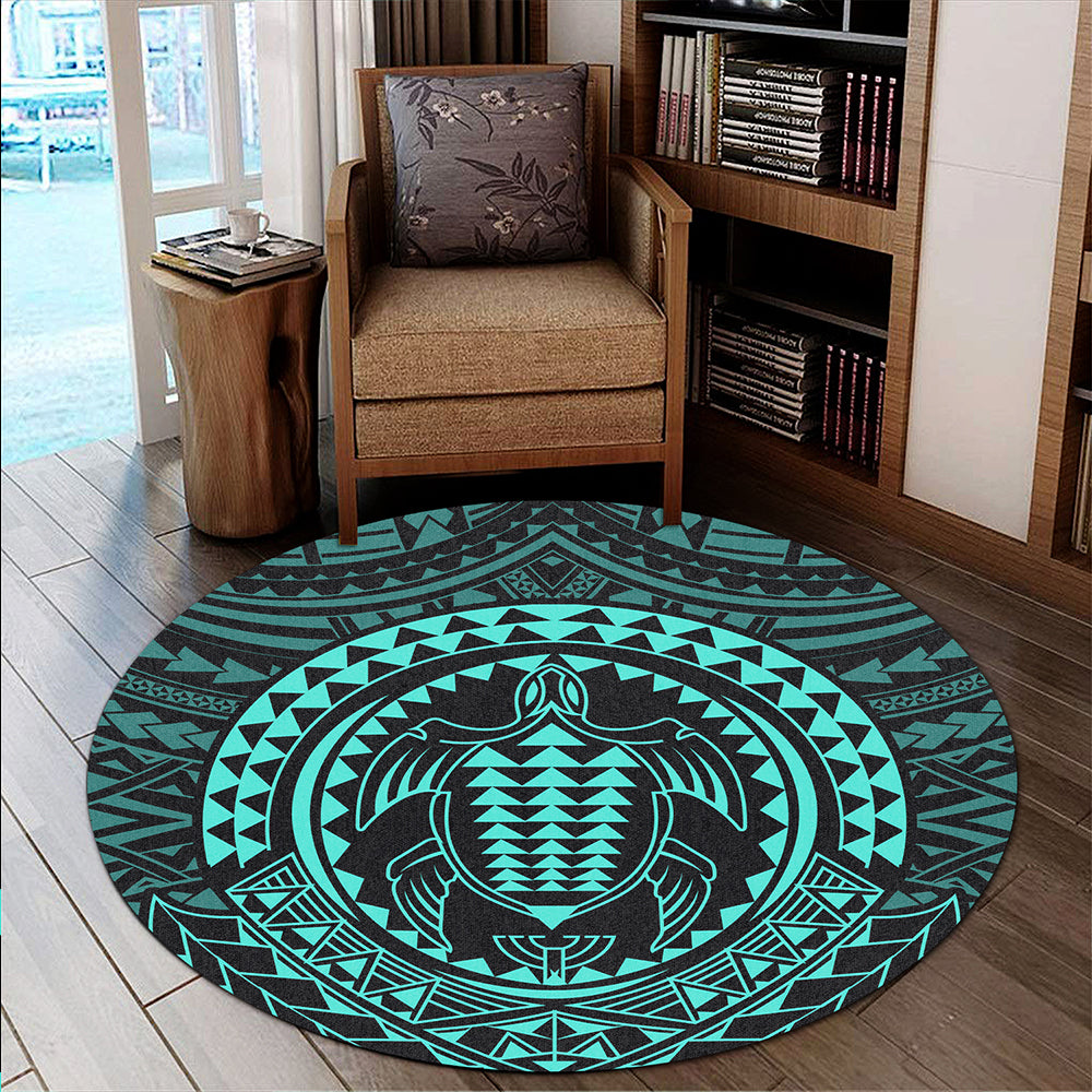 Hawaii Round Rug Kakau Honu Arc Polynesian Turquoise