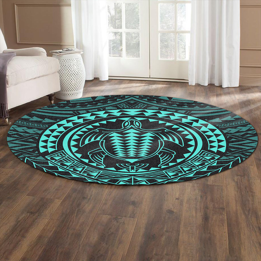 Hawaii Round Rug Kakau Honu Arc Polynesian Turquoise