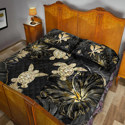 Hawaii Quilt Bed Set Kanaka Maoli Golden Tropical Turtle