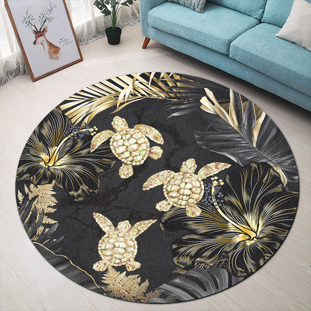 Hawaii Round Rug Kanaka Maoli Golden Tropical Turtle