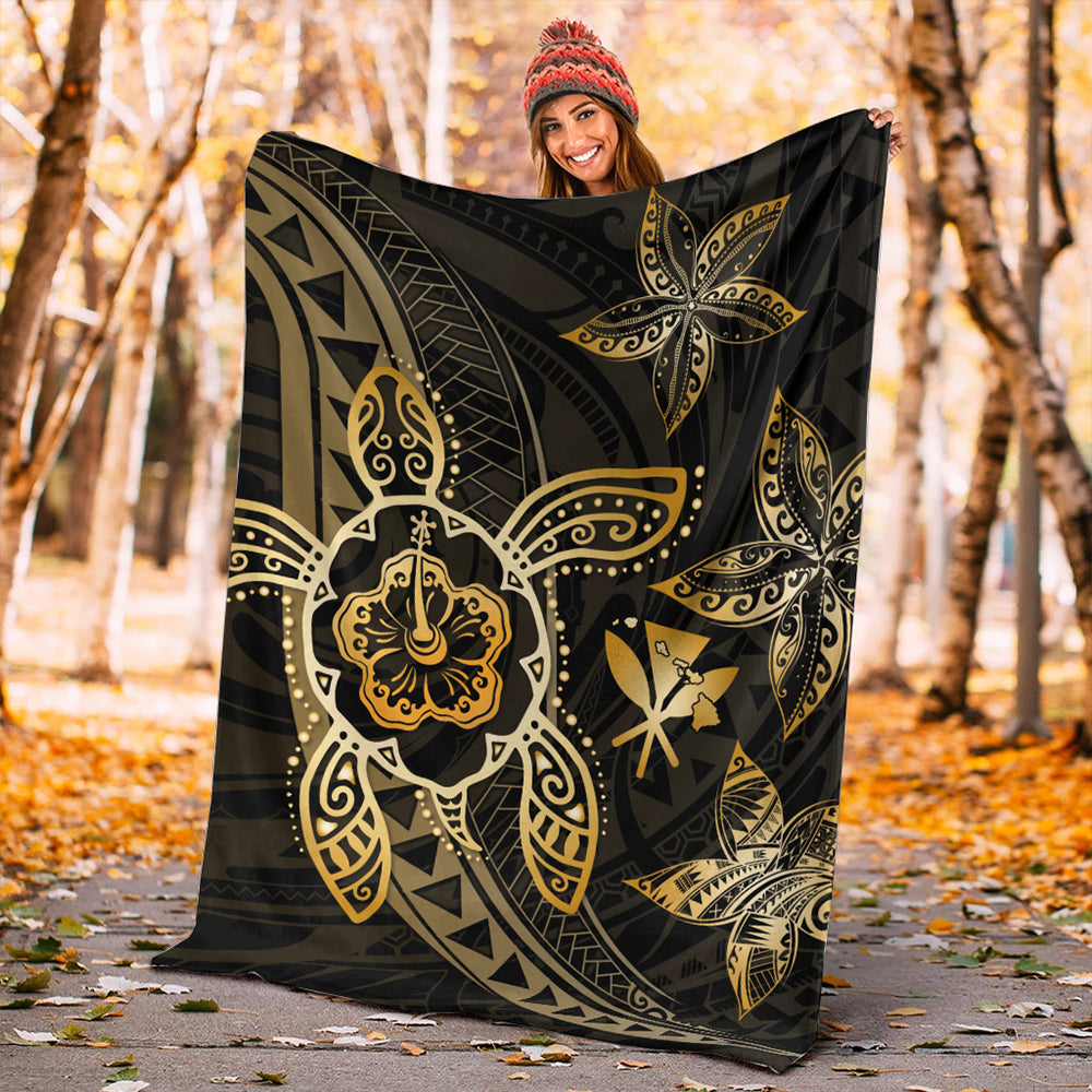 Hawaii Premium Blanket Kanaka Maoli Map Hibiscus Plumeria Turtle Art Polynesian Gold