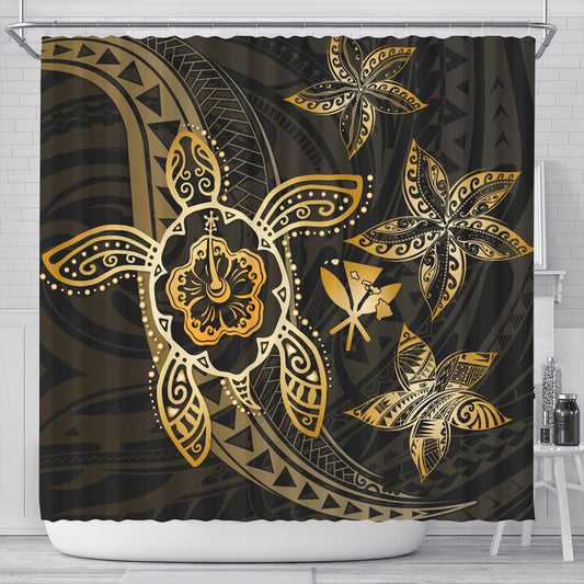 Hawaii Shower Curtain Kanaka Maoli Map Hibiscus Plumeria Turtle Art Polynesian Gold