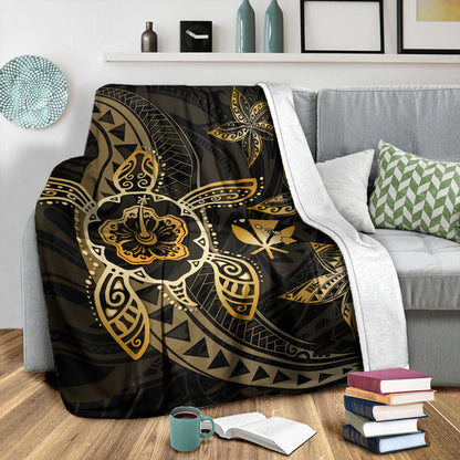 Hawaii Premium Blanket Kanaka Maoli Map Hibiscus Plumeria Turtle Art Polynesian Gold