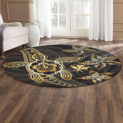 Hawaii Round Rug Kanaka Maoli Map Hibiscus Plumeria Turtle Art Polynesian Gold