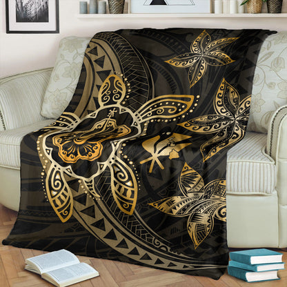 Hawaii Premium Blanket Kanaka Maoli Map Hibiscus Plumeria Turtle Art Polynesian Gold