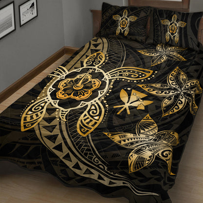 Hawaii Quilt Bed Set Kanaka Maoli Map Hibiscus Plumeria Turtle Art Polynesian Gold