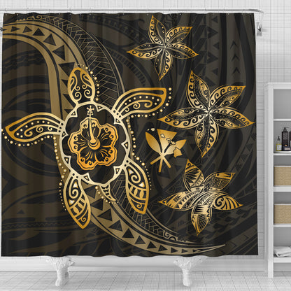 Hawaii Shower Curtain Kanaka Maoli Map Hibiscus Plumeria Turtle Art Polynesian Gold