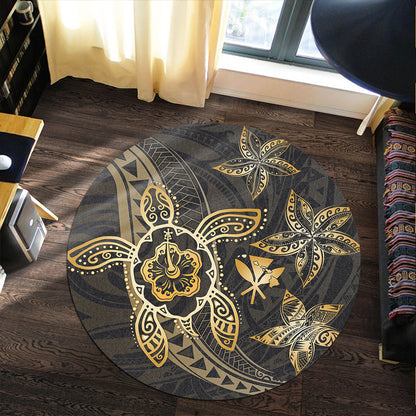 Hawaii Round Rug Kanaka Maoli Map Hibiscus Plumeria Turtle Art Polynesian Gold