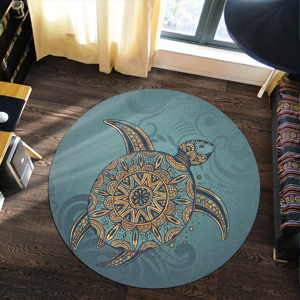 Hawaii Round Rug Mandela Turtle Royal Blue