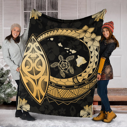 Hawaii Premium Blanket Map Hibiscus Plumeria Turtle Polynesian