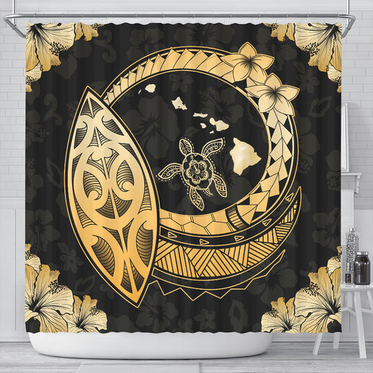 Hawaii Shower Curtain Map Hibiscus Plumeria Turtle Polynesian