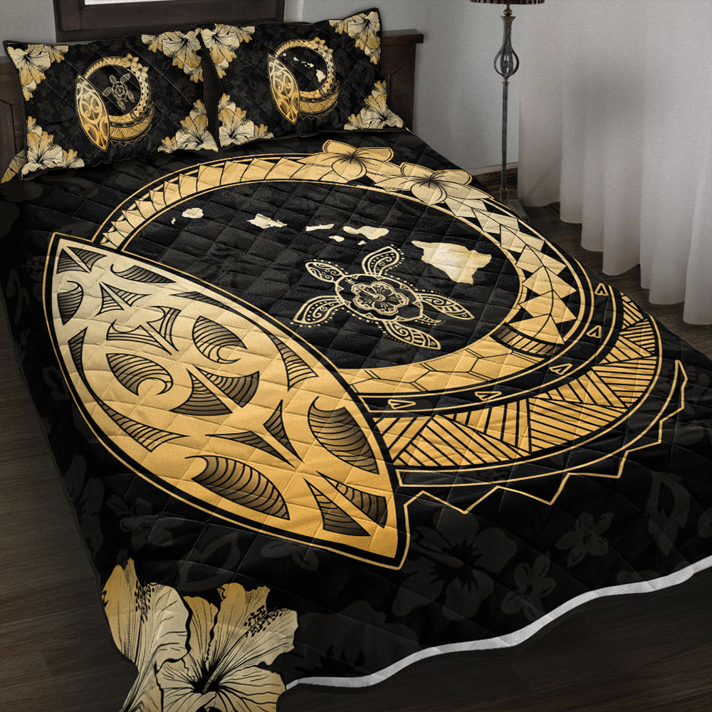 Hawaii Quilt Bed Set Map Hibiscus Plumeria Turtle Polynesian