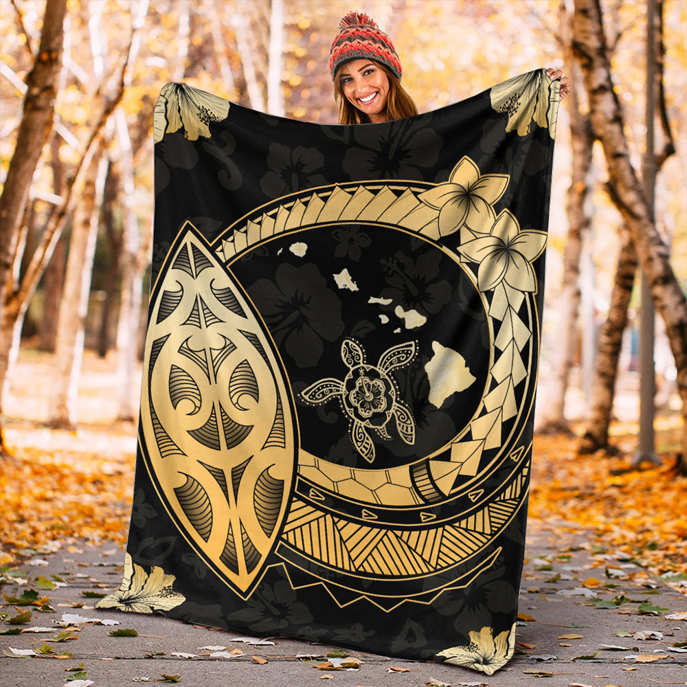 Hawaii Premium Blanket Map Hibiscus Plumeria Turtle Polynesian