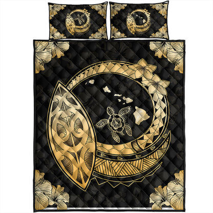 Hawaii Quilt Bed Set Map Hibiscus Plumeria Turtle Polynesian