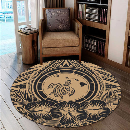 Hawaii Round Rug Map Honu Hibiscus Polynesian Gold