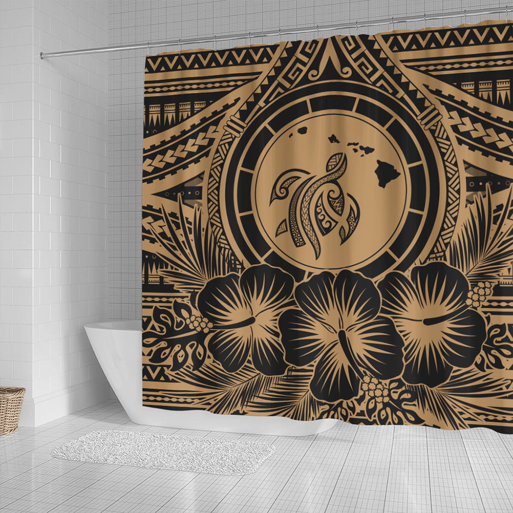 Hawaii Shower Curtain Map Honu Hibiscus Polynesian Gold