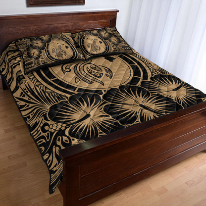 Hawaii Quilt Bed Set Map Honu Hibiscus Polynesian Gold