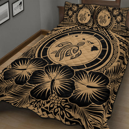 Hawaii Quilt Bed Set Map Honu Hibiscus Polynesian Gold