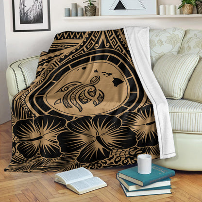 Hawaii Premium Blanket Map Honu Hibiscus Polynesian Gold