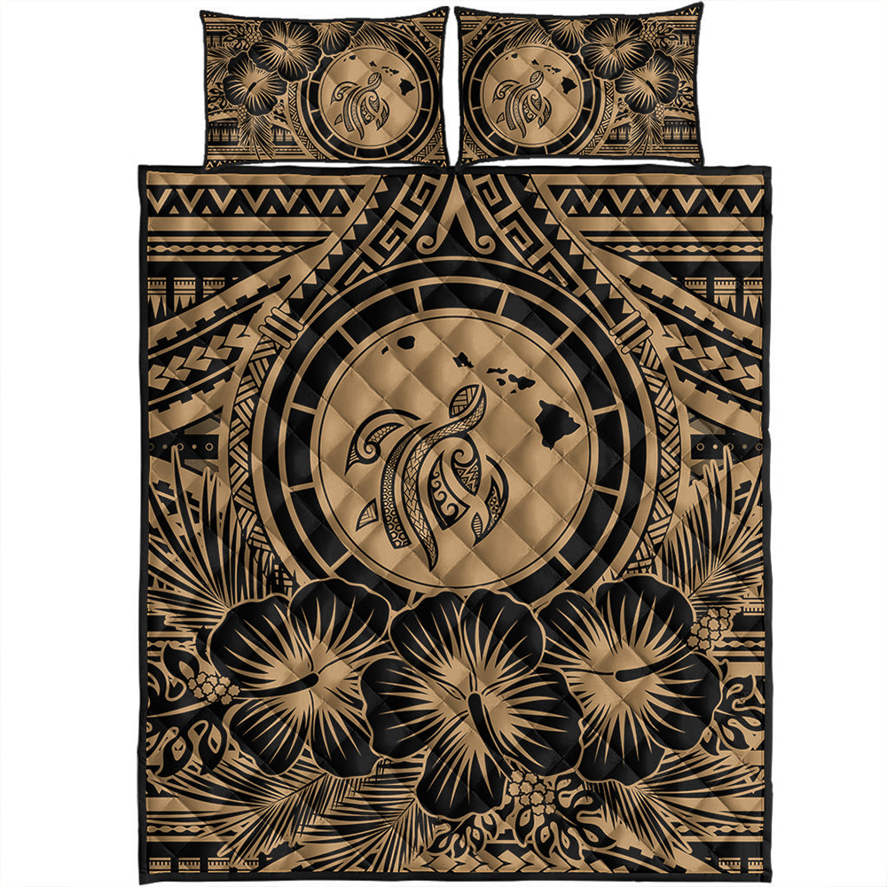 Hawaii Quilt Bed Set Map Honu Hibiscus Polynesian Gold